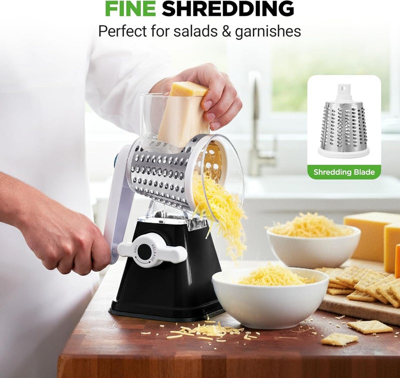 NutriChef 3 in 1 Cheese Grater & Shredder | Strong Suction Base, Rotary Handle with Safety Lock | Includes Hand Crank & 3 Drum Blades for 3 Textures, Fine, Medium & Strips | Black - Image 4